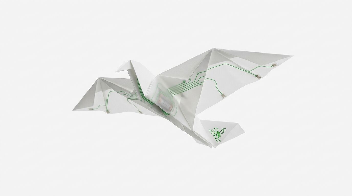 Origami-Papierkranich mit aufgedruckten grünen Leiterbahnen, Batterien im Körper und Logo auf dem Schwanz