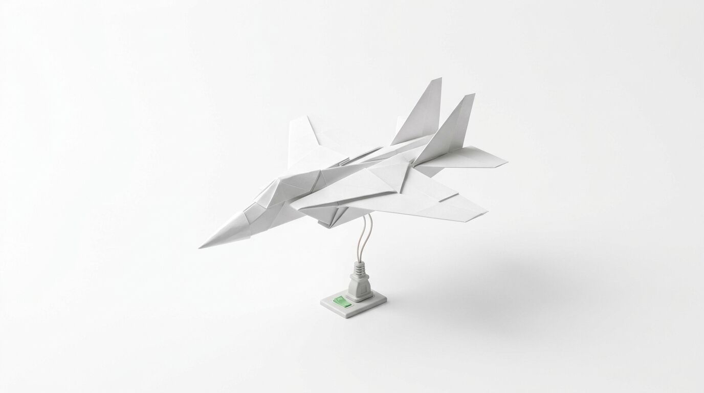 Weißer Origami-Jet, getragen von zwei Drähten, die mit einem Netzstecker verbunden sind