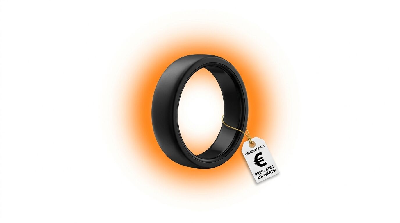 Schwarzer Ring mit orangem Leuchten und Etikett mit €-Symbol vor weißem Hintergrund