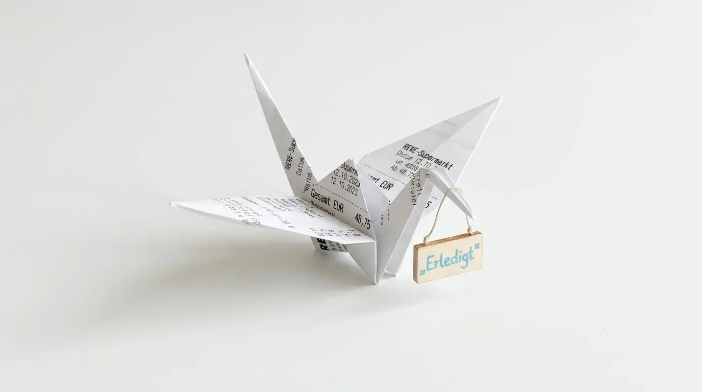 Origami-Kranich aus Kassenbon mit Schild „Erledigt“ vor weißem Grund