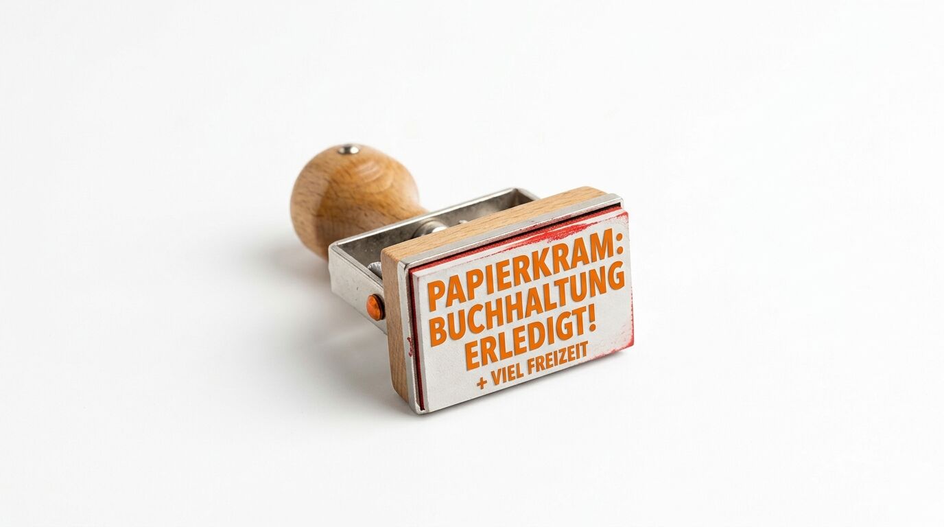 Holzstempel mit oranger Aufschrift „PAPIERKRAM: BUCHHALTUNG ERLEDIGT! + VIEL FREIZEIT“ auf Weiß