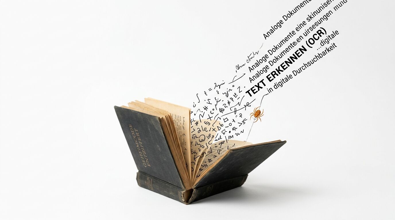 Ein offenes Buch, aus dem kryptische Zeichen und ein Textstrahl mit 