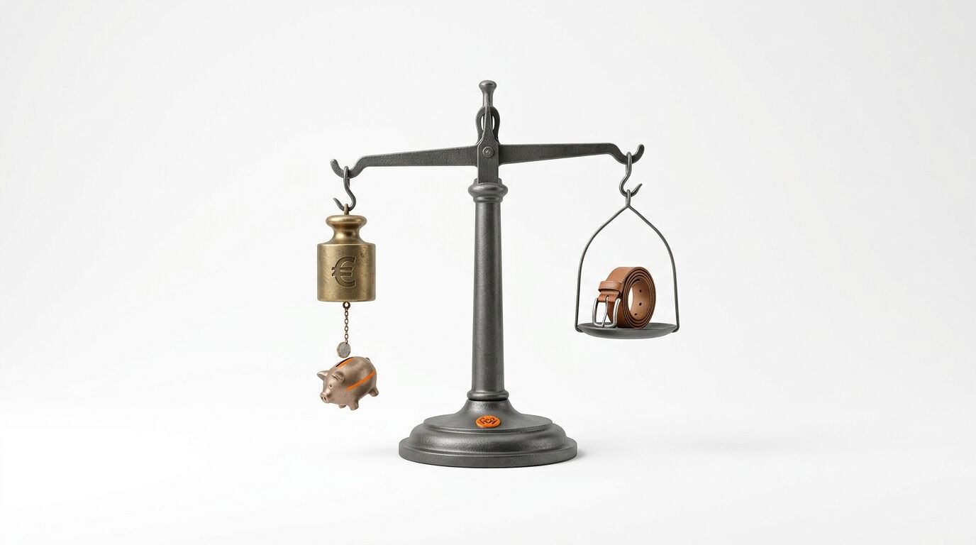 Eine Balkenwaage mit einem Euro-Gewicht und Sparschwein links und einem Gürtel rechts auf Weiß
