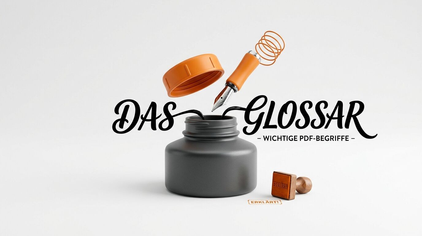 Grafik mit Tintenfaß, Federhalter, Stempel und Schriftzug 