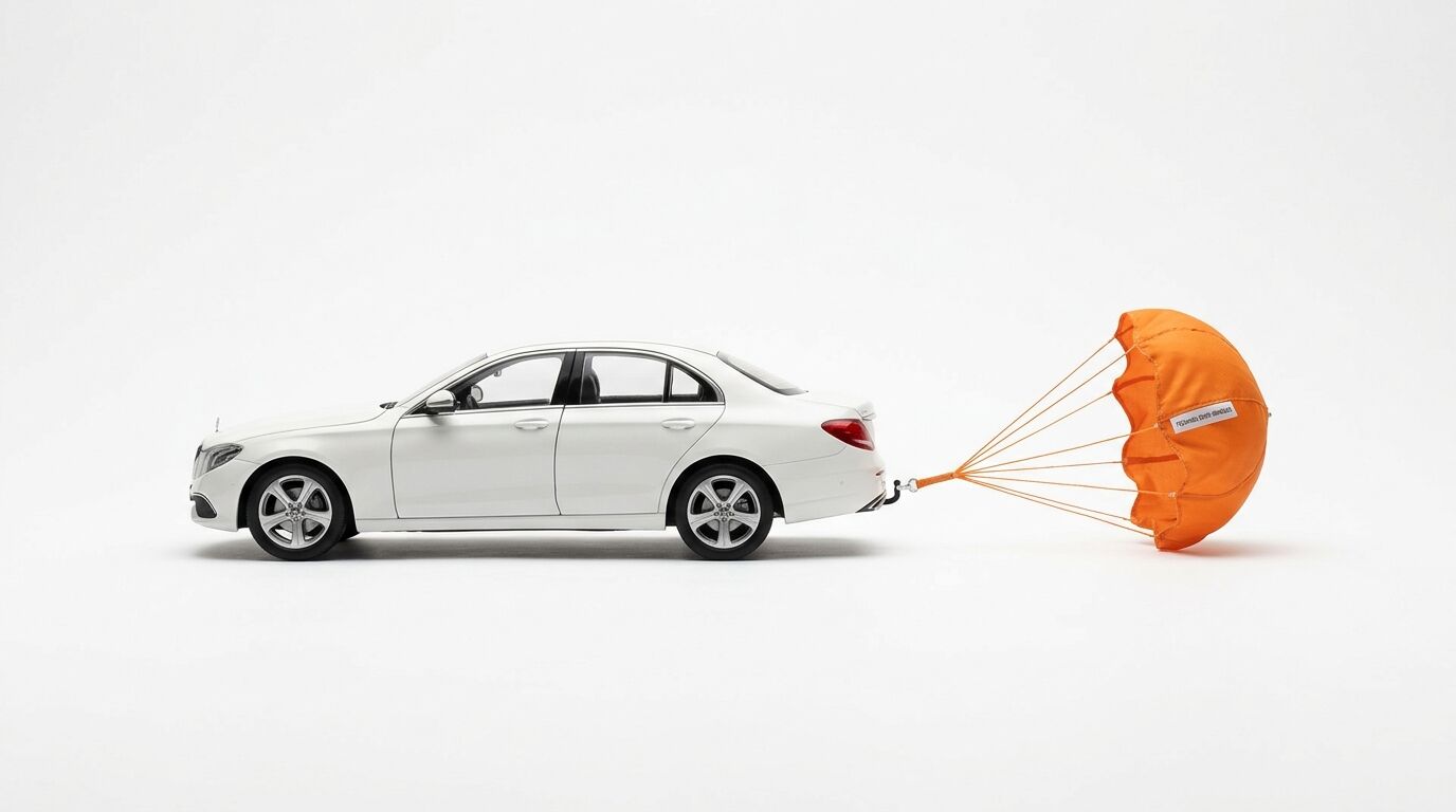 Ein weißes Modellauto (Limousine), an dessen Heck ein oranger Bremsschirm befestigt ist