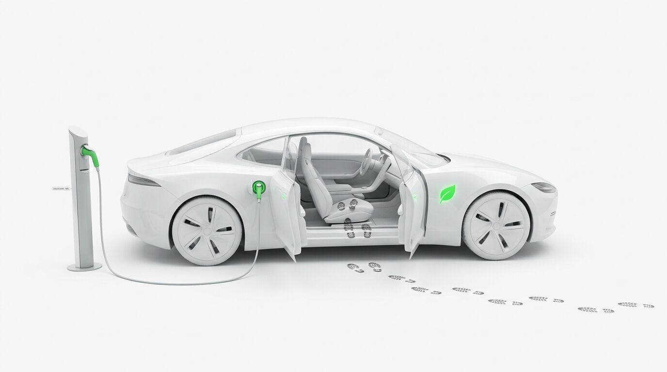Helle Seitenansicht eines ladenden E-Autos vor weißem Hintergrund mit Fußspuren und Blatt-Symbol