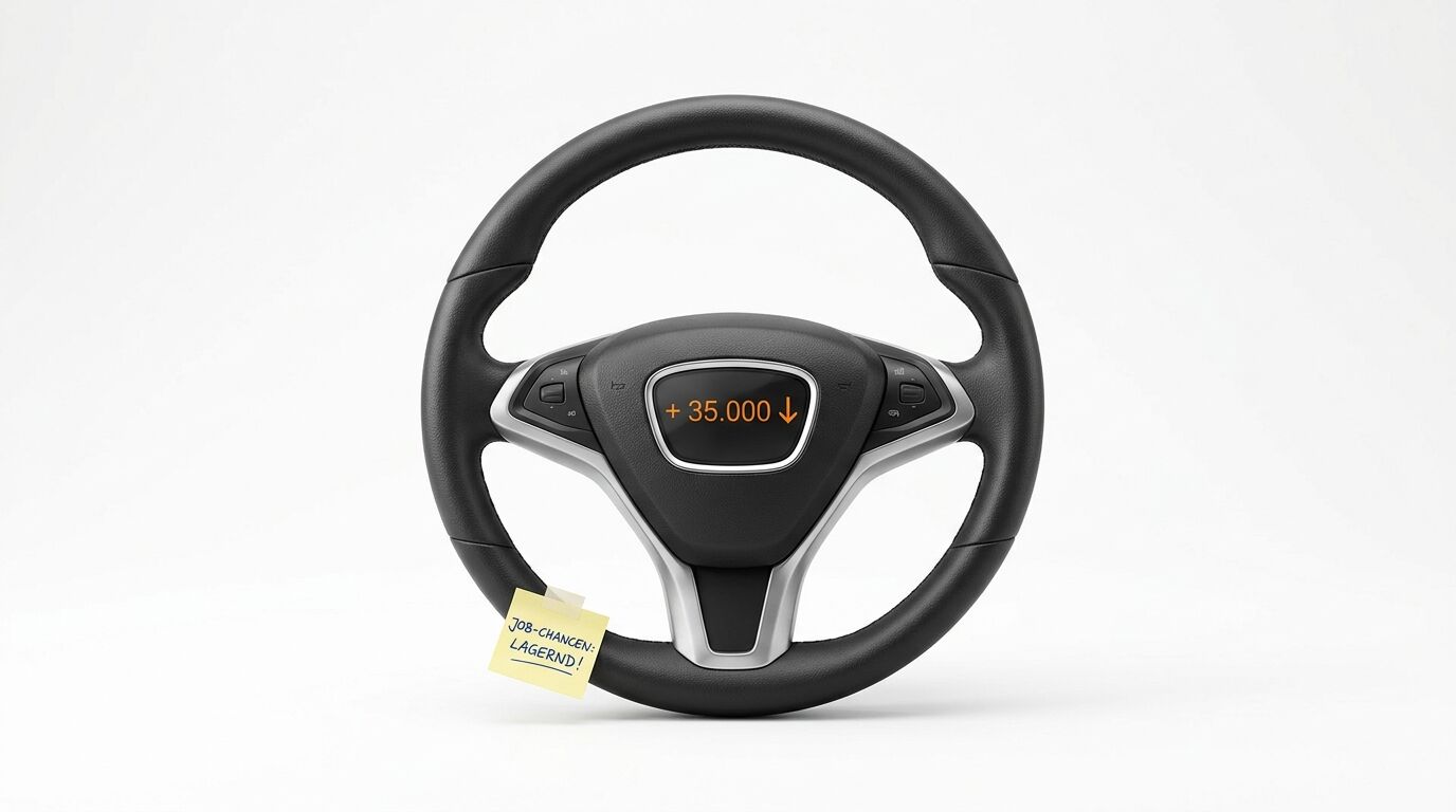 Auto-Lenkrad mit Digitalanzeige und Notizklebestreifen vor weißem Hintergrund