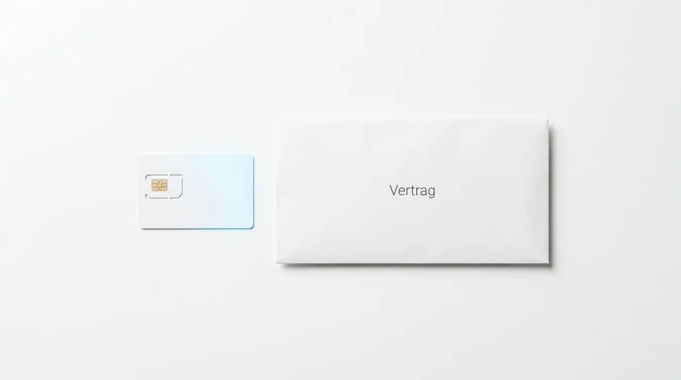 Draufsicht auf eine SIM-Karte und einen Briefumschlag mit der Aufschrift „Vertrag“ auf weiß