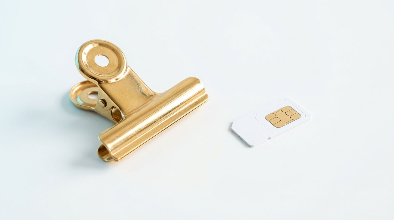Eine goldfarbene Klemmbeutelklammer neben einer weißen SIM-Karte auf einem hellen Hintergrund