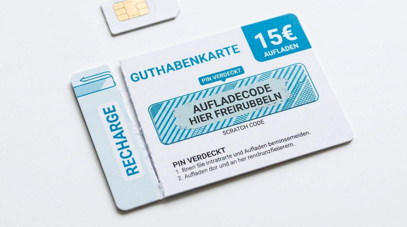 Eine Guthabenkarte für Mobilfunk im Wert von 15€ liegt auf einem weißen Hintergrund
