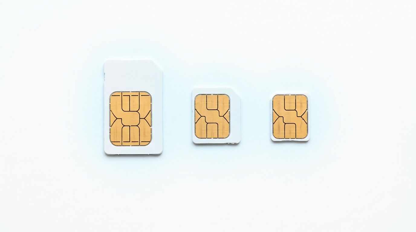 Drei SIM-Karten verschiedener Größen (Standard, Micro, Nano) auf weißem Hintergrund nebeneinander gelegt