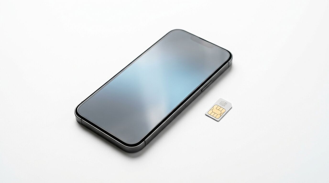 Ein Smartphone liegt schräg auf weißem Grund, rechts daneben eine Nano-SIM-Karte mit Chip
