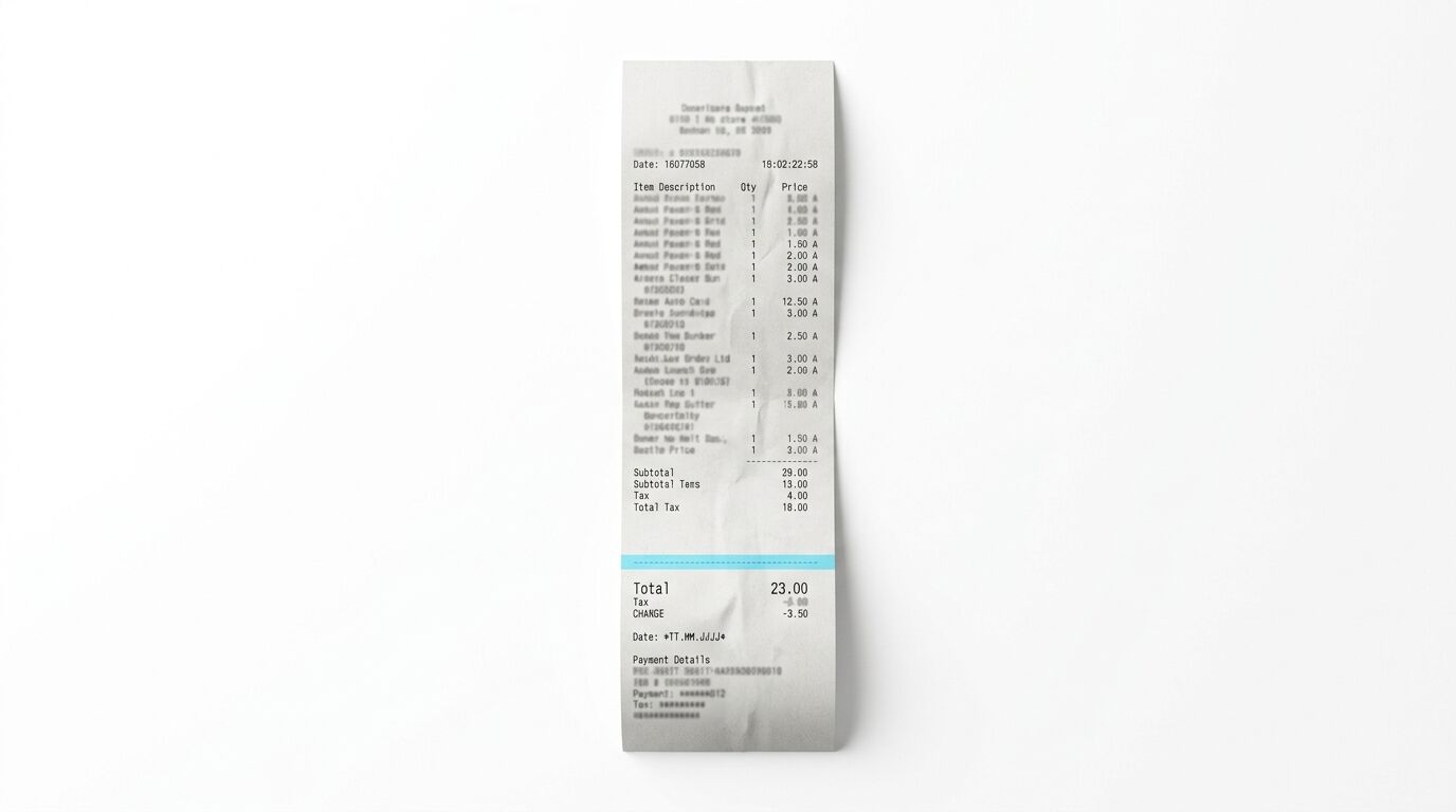 Ein flacher Kassenbon mit schwarzem Text liegt vertikal zentriert auf weißem Grund