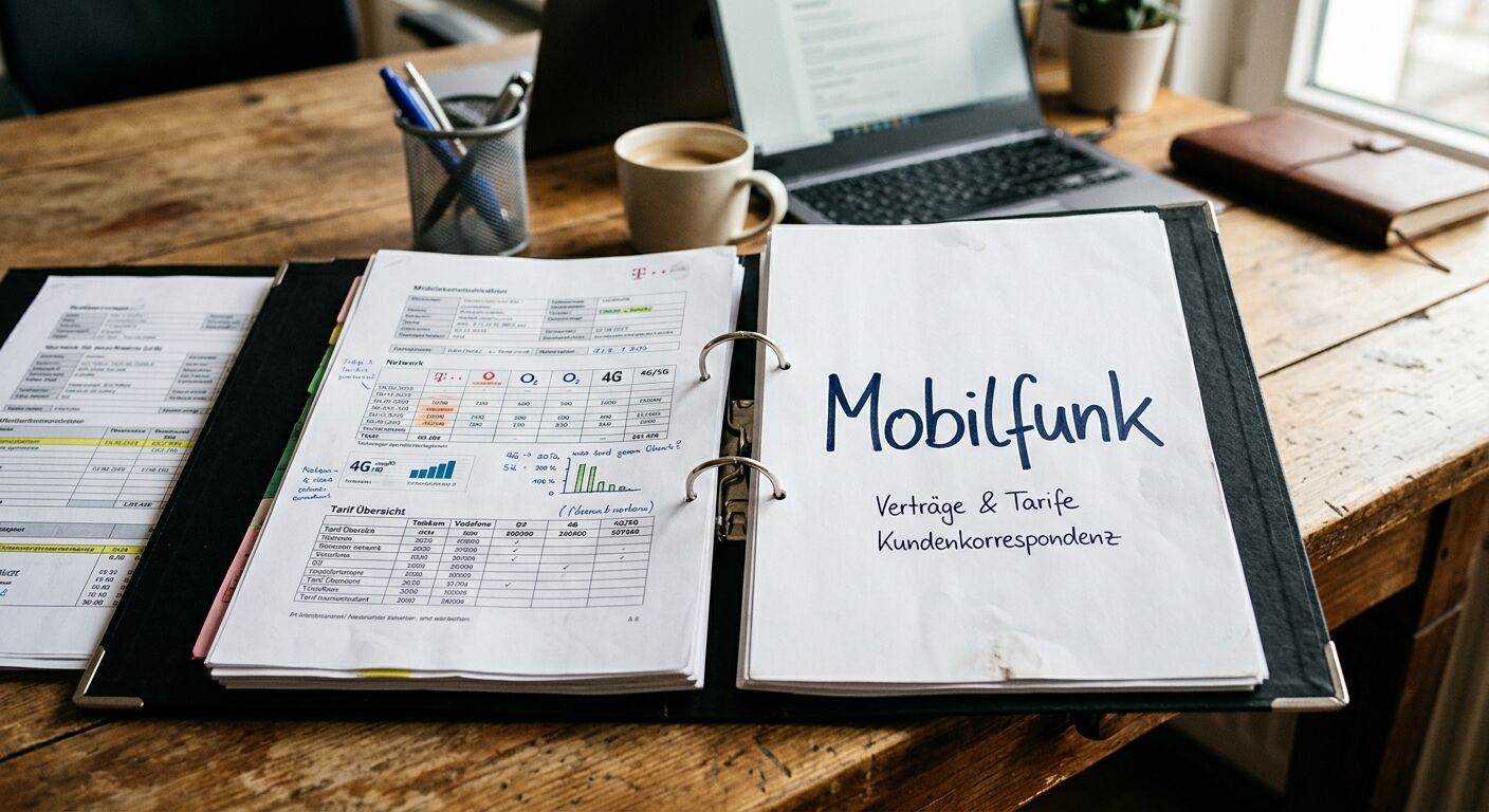 Offener Ordner „Mobilfunk“ auf Schreibtisch mit Unterlagen, Laptop und Kaffeetasse
