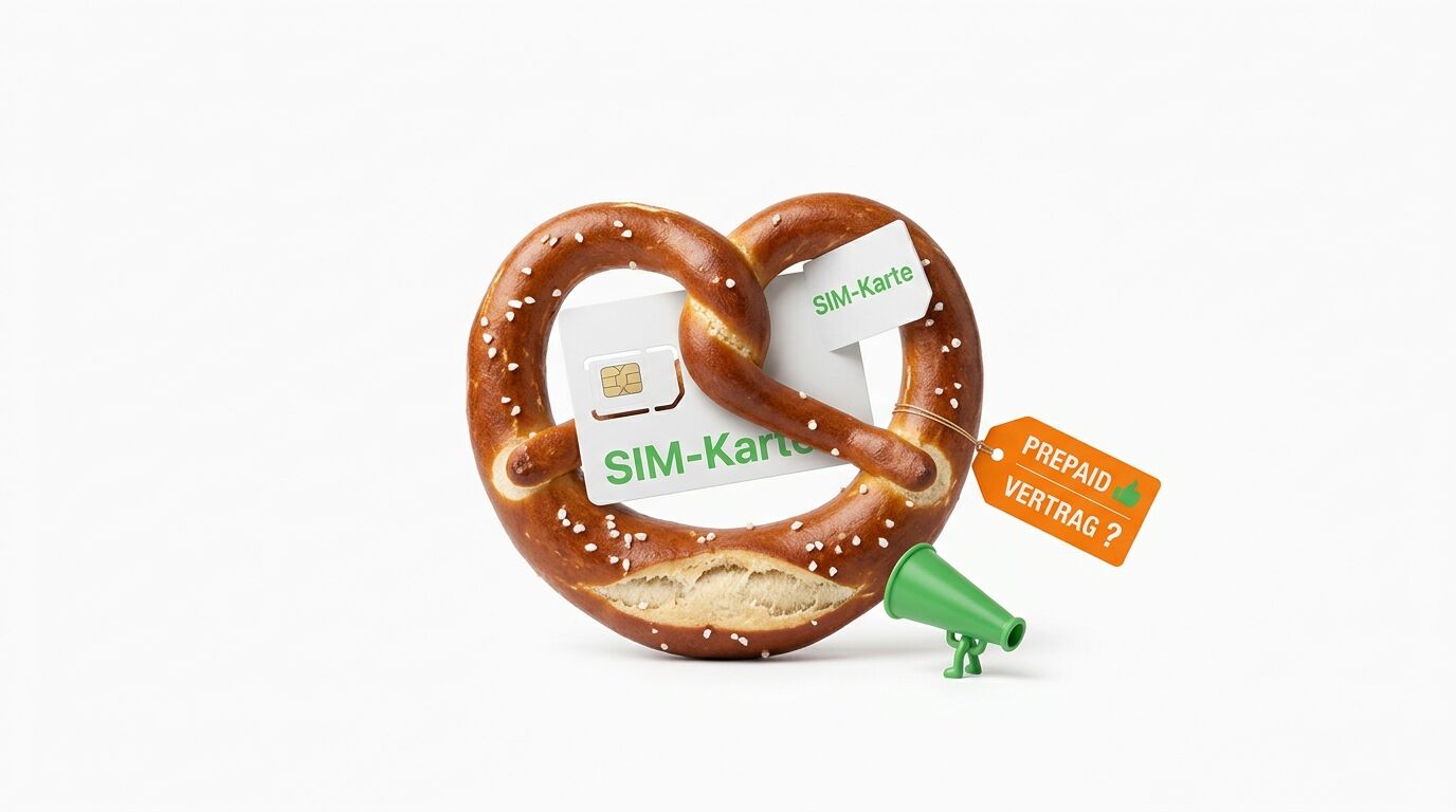 Brezel mit zwei SIM-Karten, einem „PREPAID/VERTRAG?“-Anhänger und einem Megafon auf Weiß