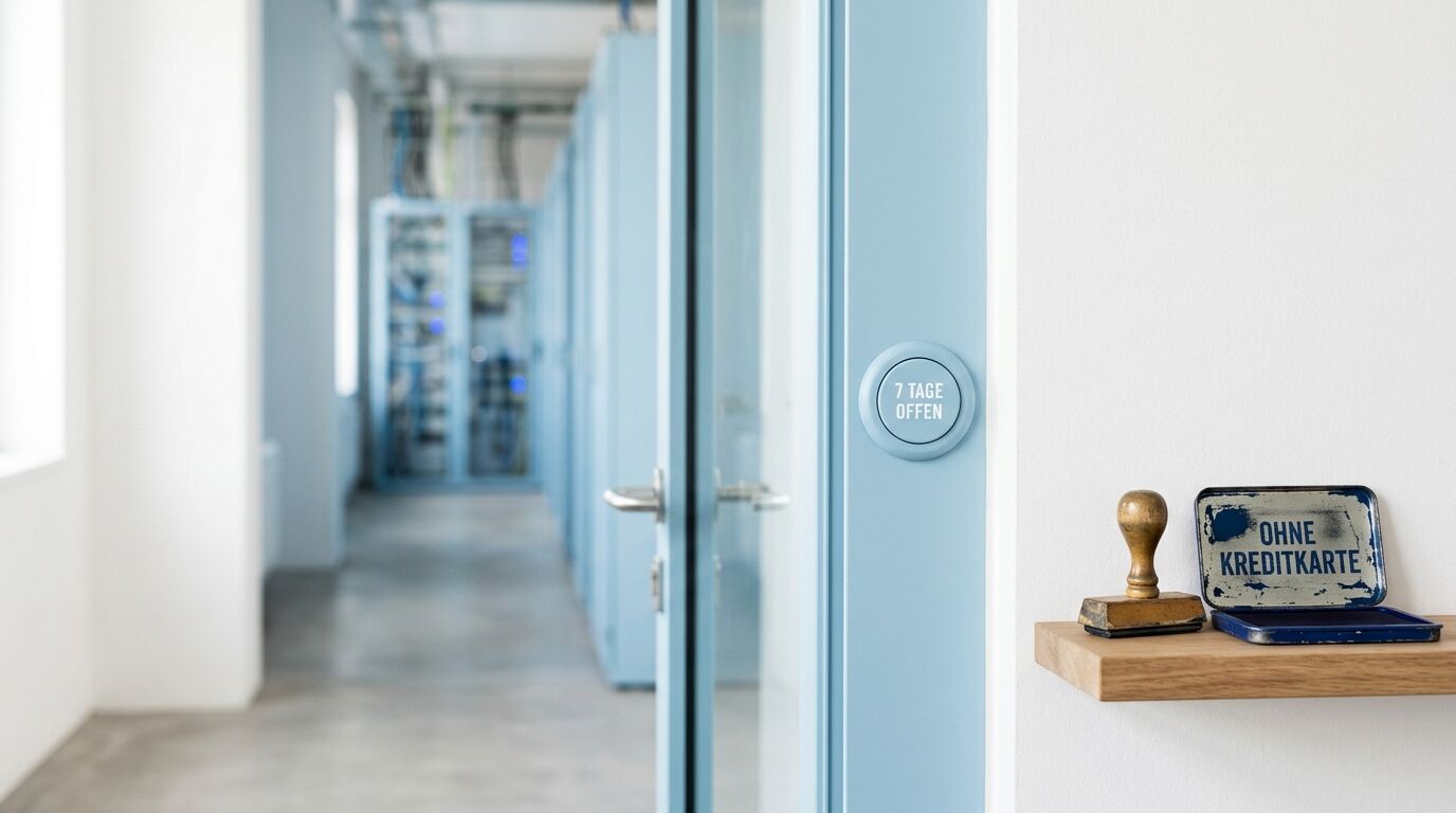 Reihe blauer Schränke in einem Flur, im Vordergrund ein Regal mit Stempel und Metalldose