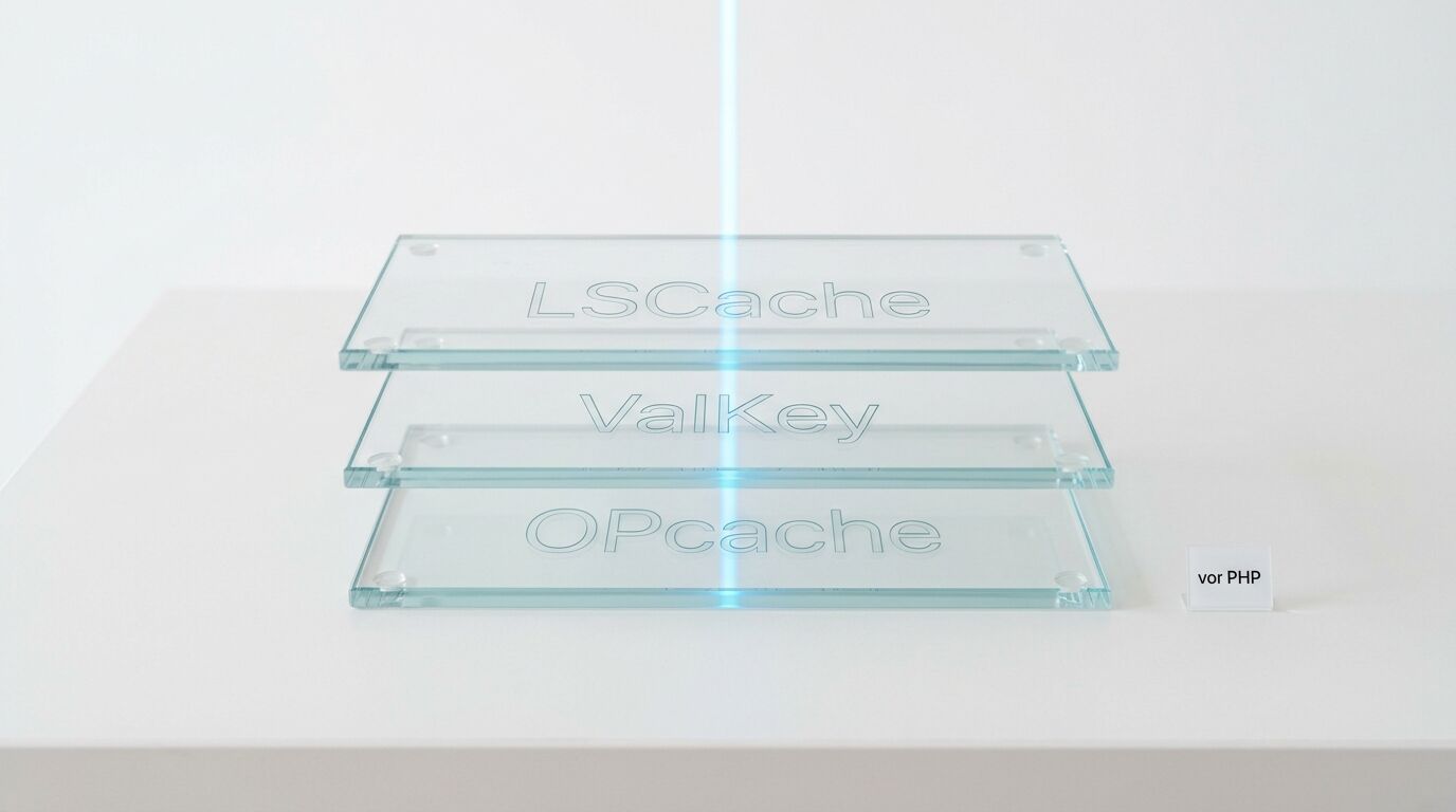 Drei gestapelte Glasplatten mit Gravuren (LSCache, ValKey, OPcache) und Laserstrahl