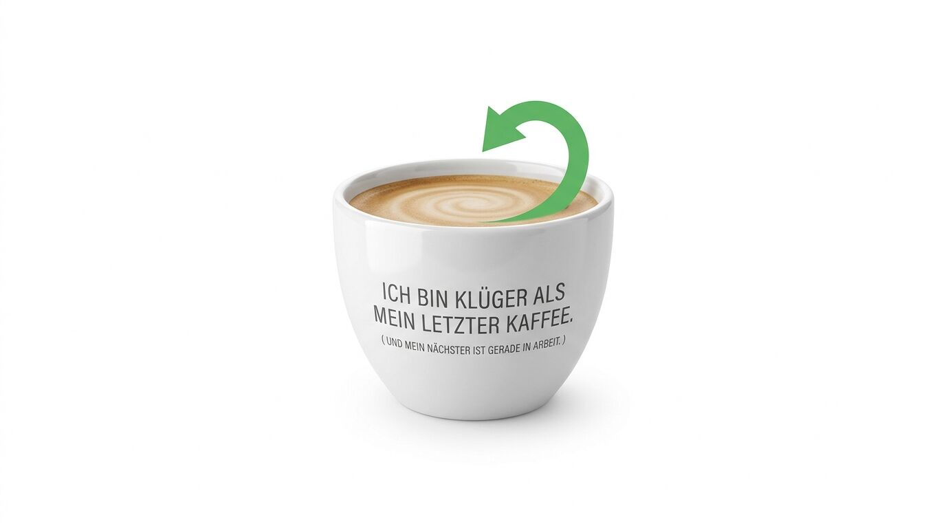 Weiße Kaffeetasse mit Text und grünem Kreispfeil auf weißem Hintergrund