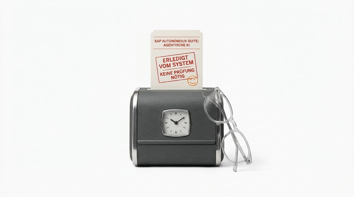 Ein Schreibtischgerät mit Uhr, gestempeltem Papier und Brille auf weißem Grund
