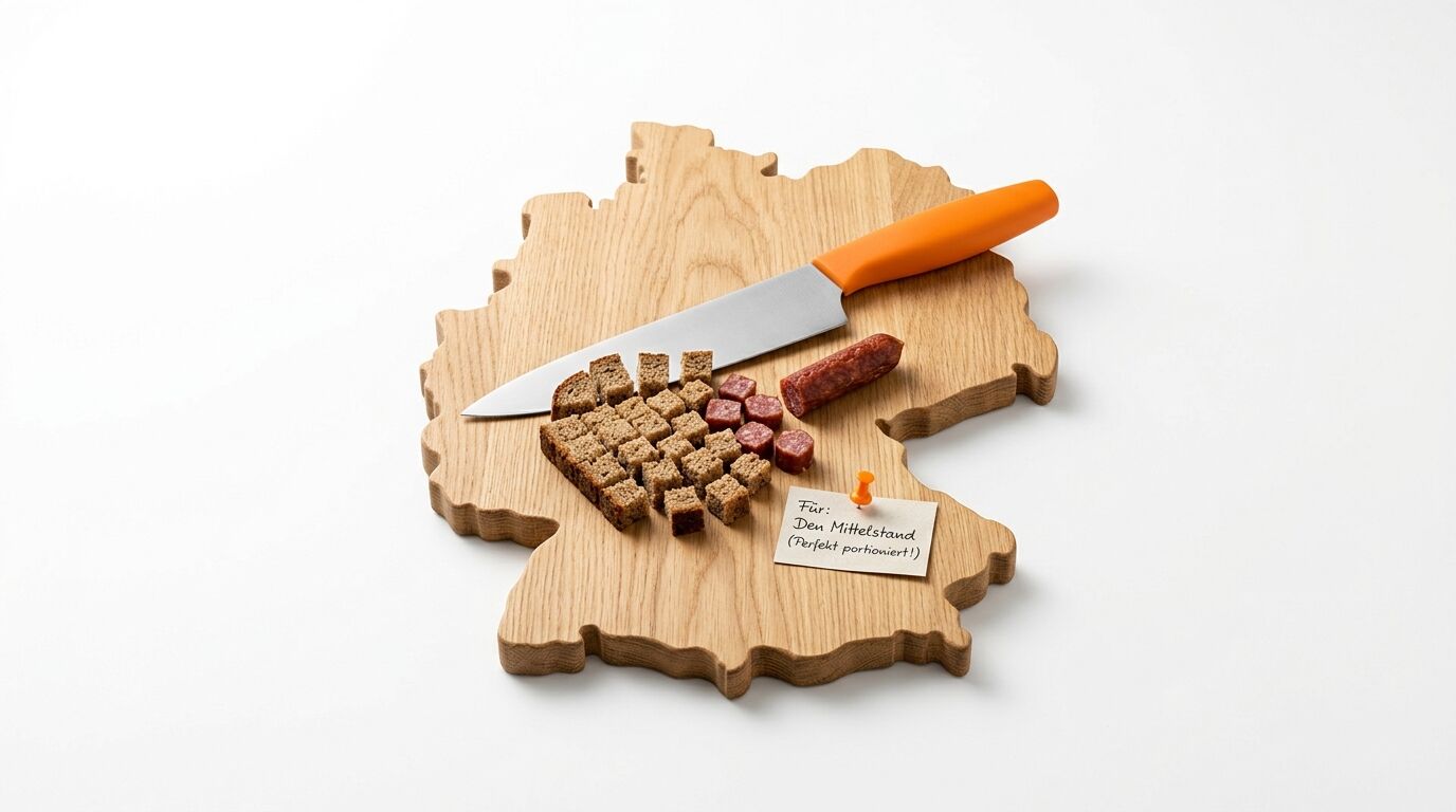 Brett in Form Deutschlands mit Brot, Wurst, Messer und Zettel mit Aufschrift