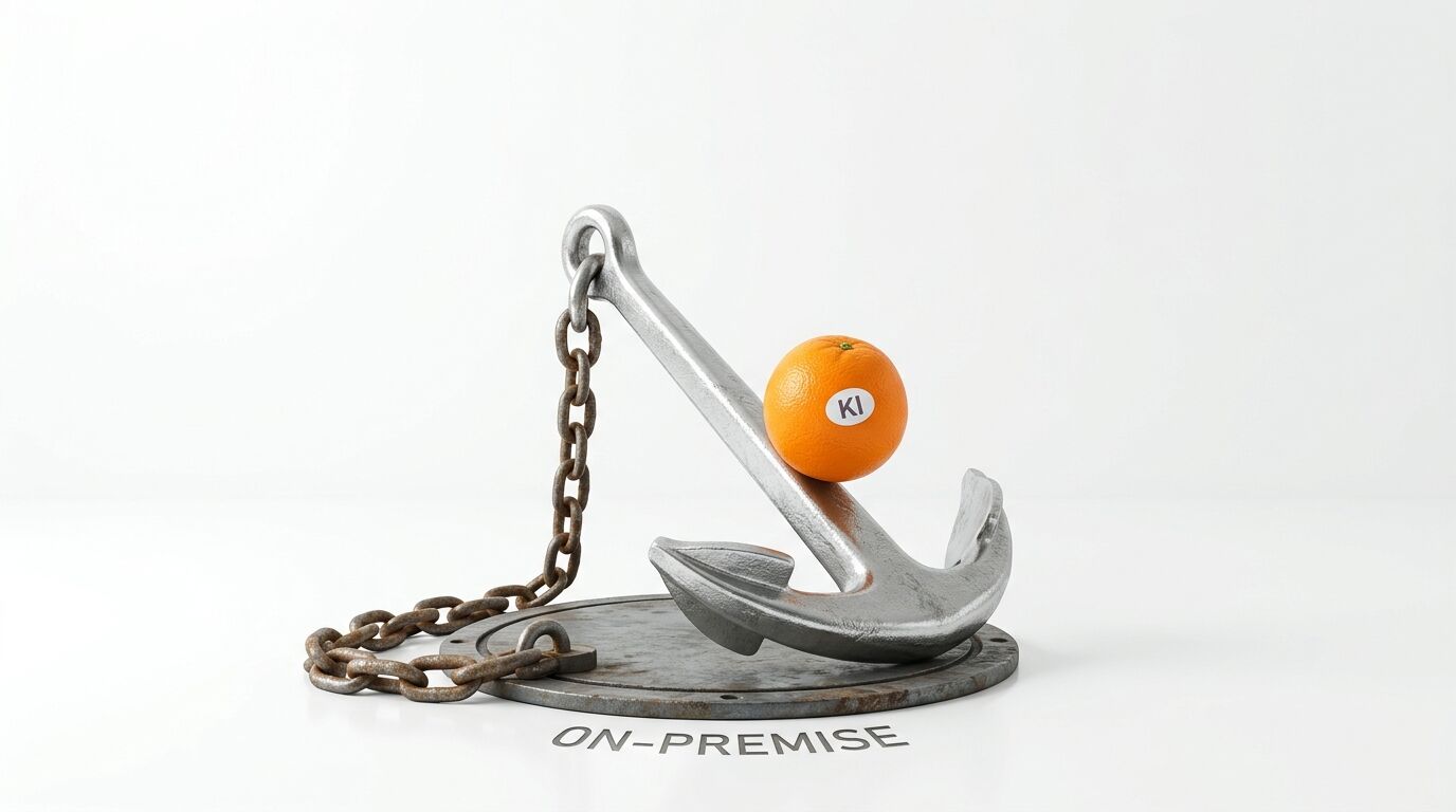 Anker mit Kette, darauf Orange mit „KI“-Aufkleber, darunter Text „ON-PREMISE“