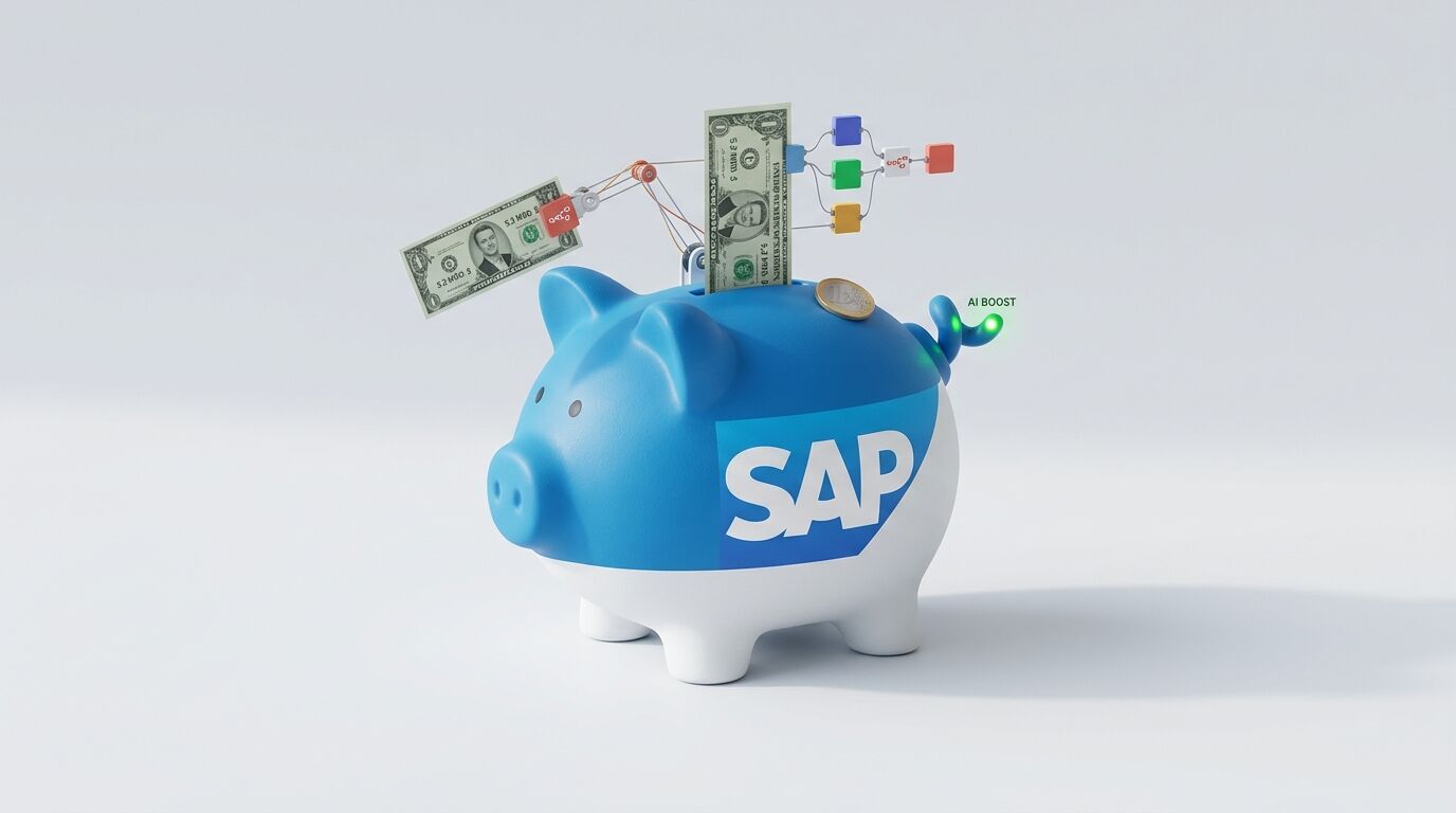 Ein blau-weißes SAP-Sparschwein füllt sich mithilfe von Technologie und „AI Boost“ mit Geld