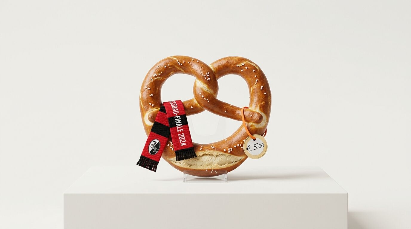 Brezel mit Minischal und Preisschild auf weißem Sockel
