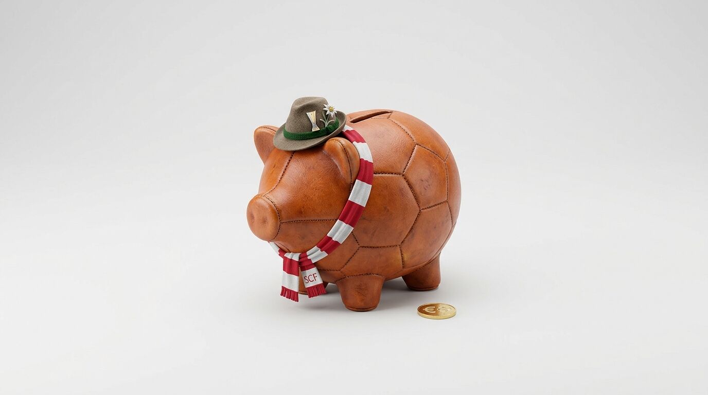 Sparschwein im Fußball-Look mit Hut, Schal und Goldmünze vor grauem Hintergrund