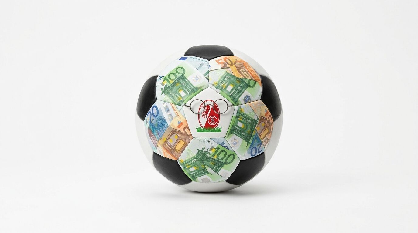 Fußball mit Euroscheinen, SCF-Logo und Brille vor weißem Hintergrund