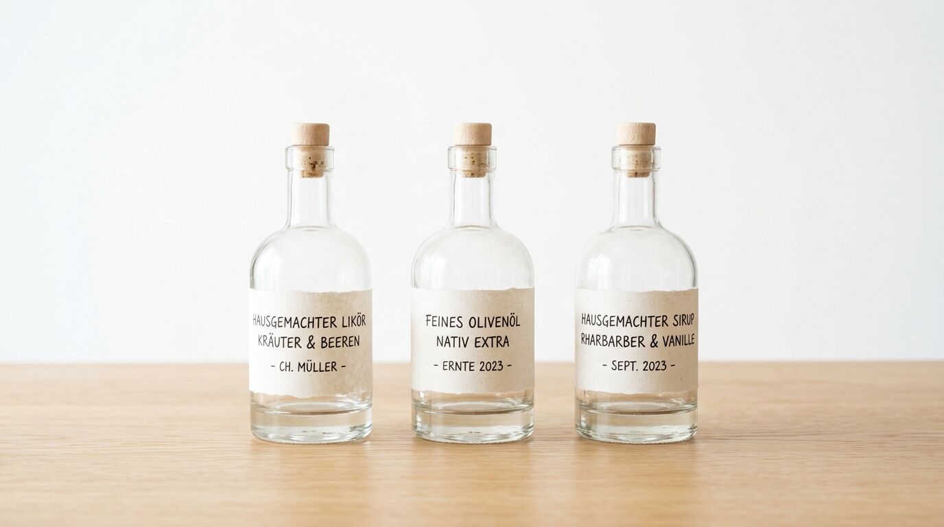 Drei leere Glasflaschen mit Korken und Etiketten nebeneinander auf einem Holztisch
