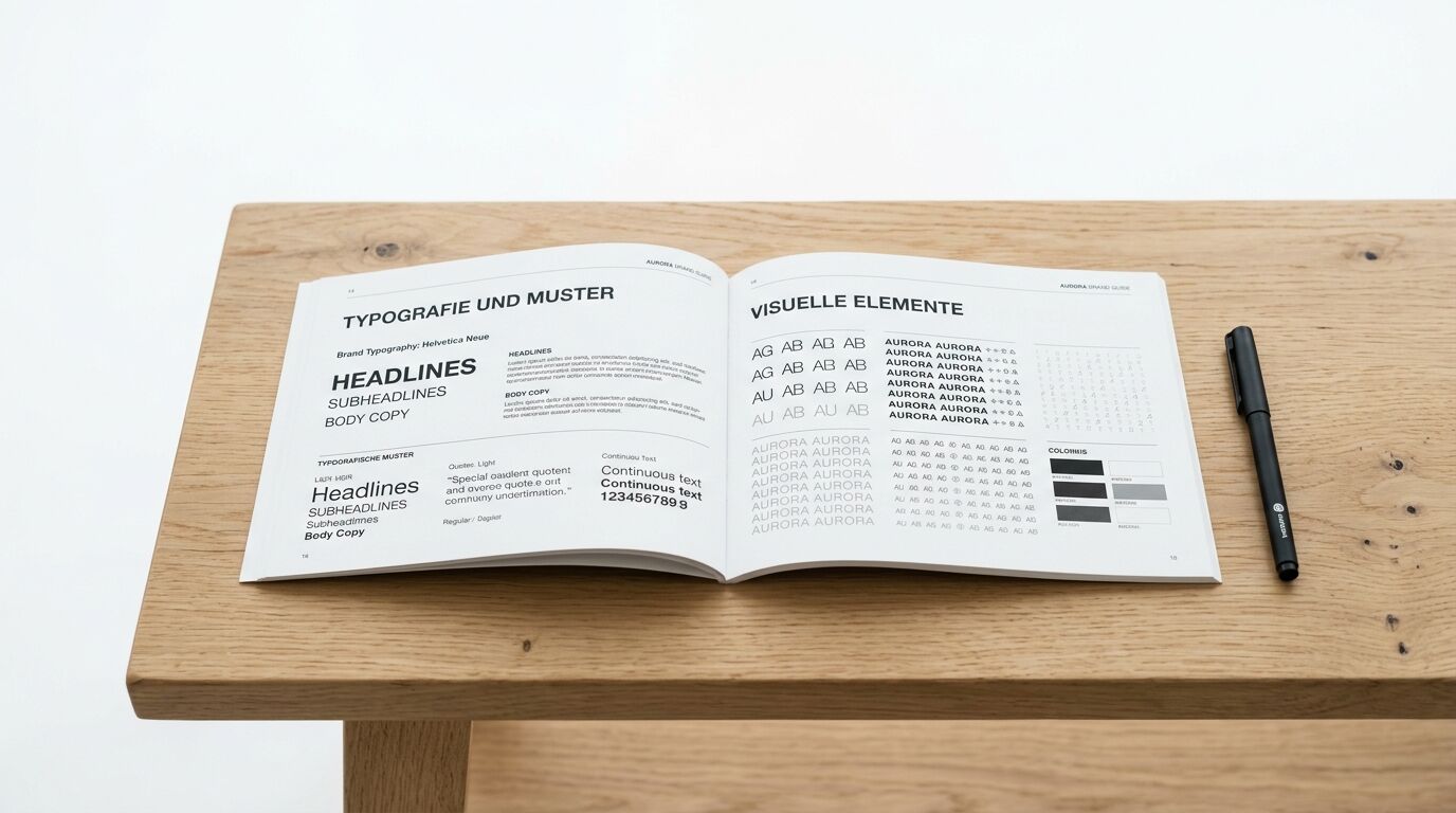 Aufgeschlagenes Buch zu Typografie und visuellen Elementen auf Holztisch neben schwarzem Stift