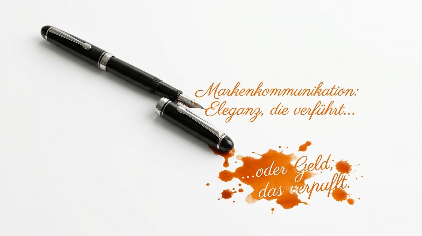 Ein Füller, ein orangefarbener Tintenfleck und deutscher Text auf weißem Grund