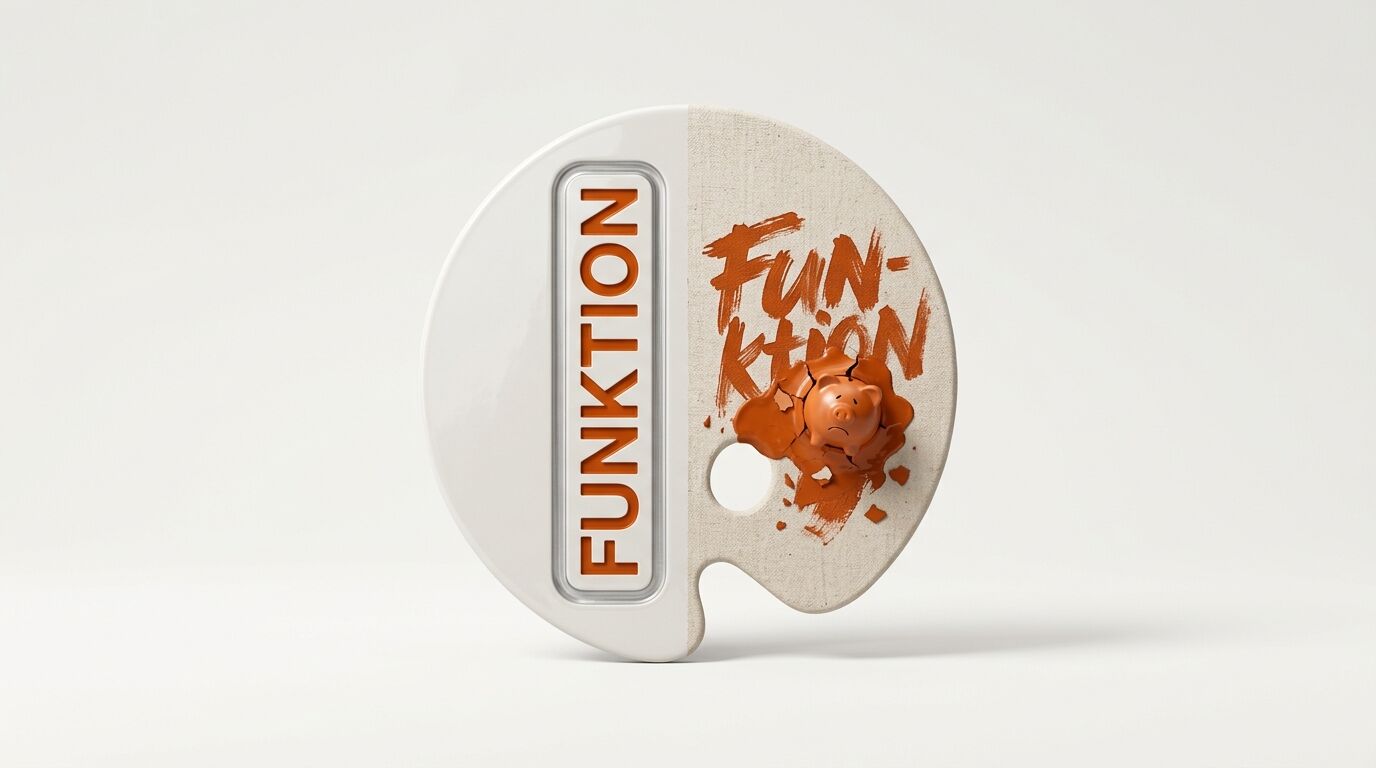 Eine halbe Künstlerpalette mit dem Wort „FUNKTION“ und einem durchgebrochenen Schweinderl