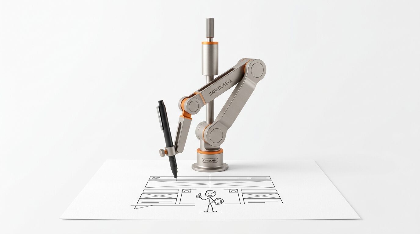 Ein Roboterarm zeichnet ein Strichmännchen und Wireframes auf ein weißes Blatt Papier