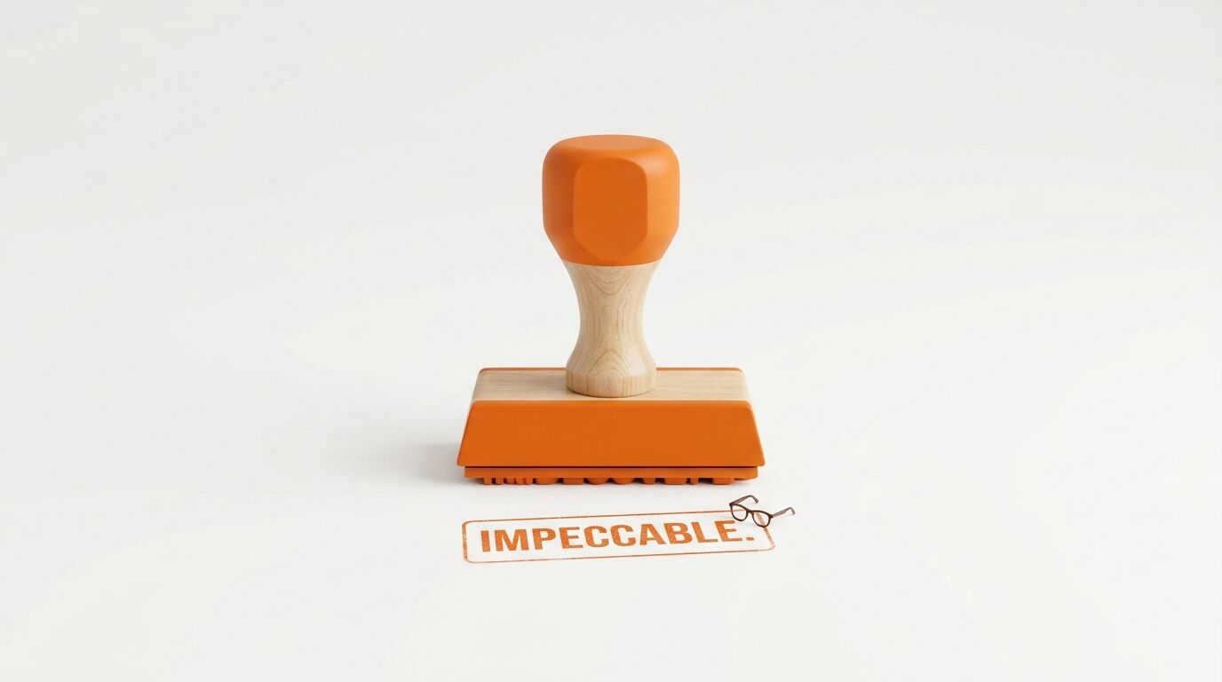 Holzstempel und Abdruck „IMPECCABLE“ mit Brille auf weißem Grund