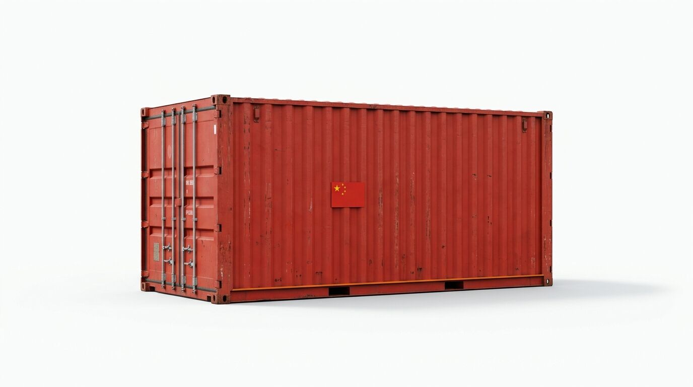 Ein roter ISO-Standard-Frachtcontainer mit chinesischer Flagge isoliert auf Weiß