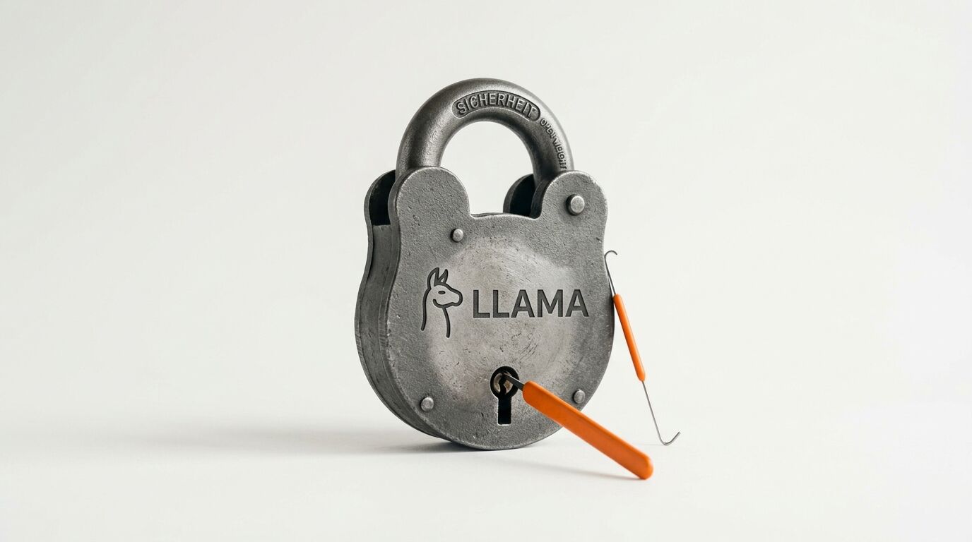 Ein metallisches Vorhängeschloss mit Lama-Gravur und zwei orangefarbenen Dietrichwerkzeugen
