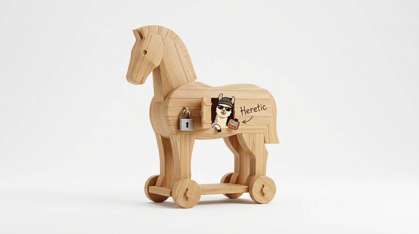 Hölzernes Trojanisches Pferd auf Rollen, aus dem ein Alpaka mit Brille schaut