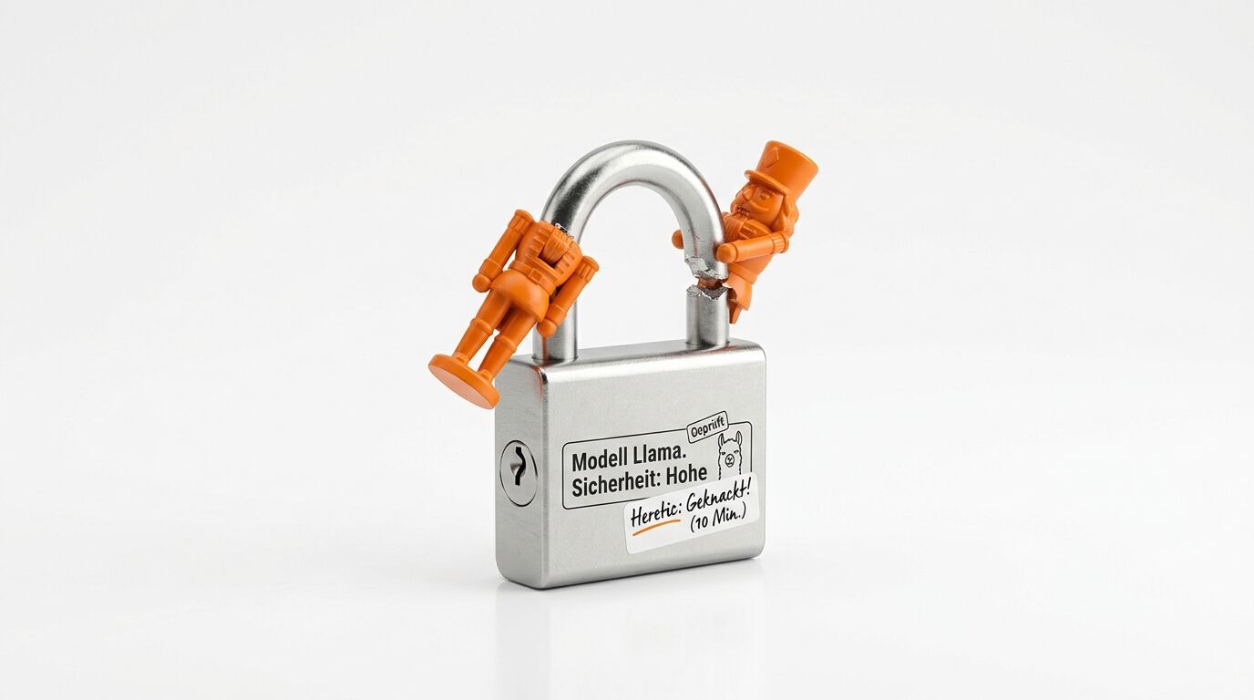 Ein gebrochenes Vorhängeschloss mit zwei kleinen, orangefarbenen, spielzeugartigen Figuren