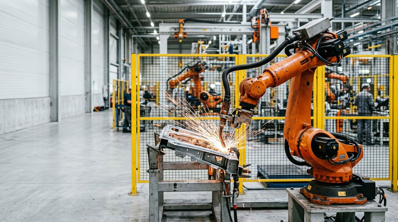 Industrieroboter schweißt ein Metallteil in einer Fabrikhalle mit Funkenflug