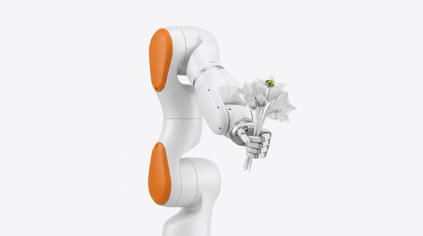 Ein weißer Roboterarm mit orangen Akzenten hält Origami-Blumen und einen Marienkäfer