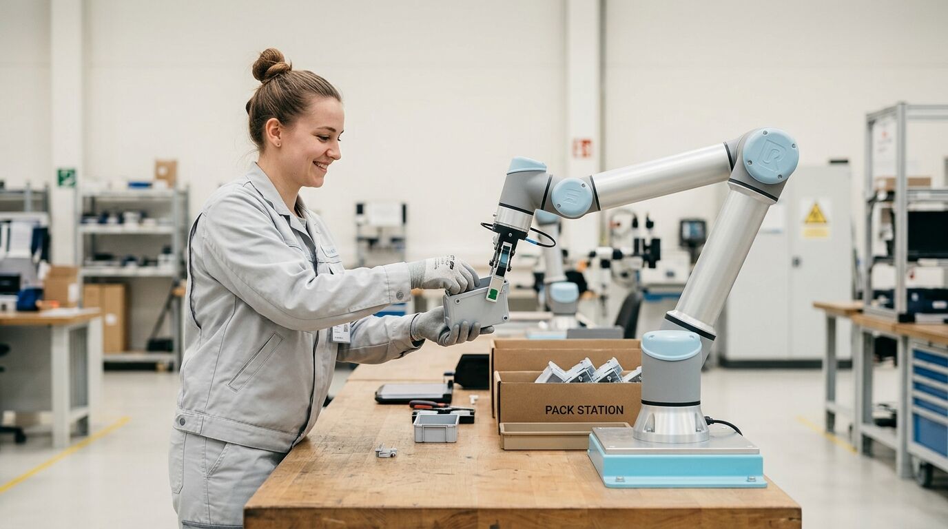 Eine Arbeiterin interagiert mit einem Universal Robots Cobot an einer Packstation