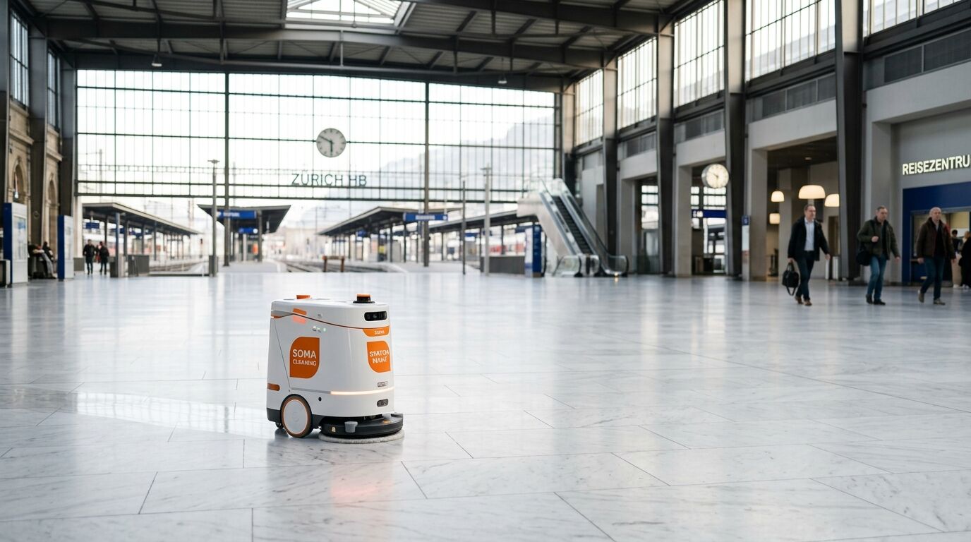 Reinigungsroboter in der Bahnhofshalle des Hauptbahnhofs Zürich (Zürich HB) mit Passanten