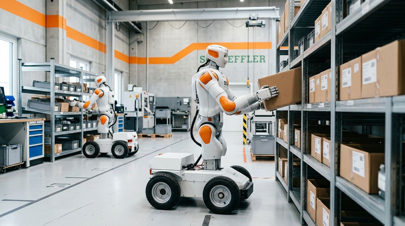 Mobile Roboter handhaben Pakete in Lagerregalen einer Fabrik