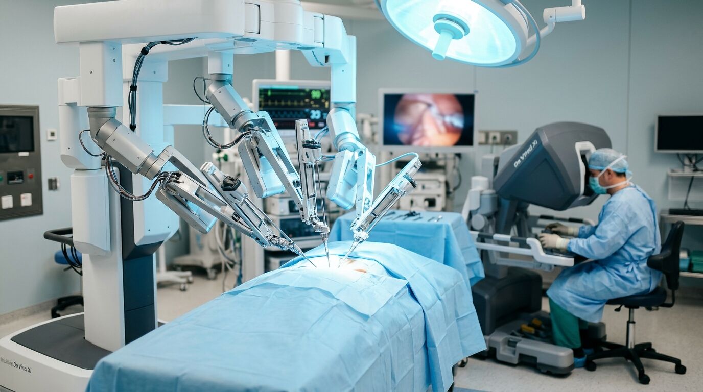 OP-Roboter über einem Patienten, gesteuert von einem Chirurgen an einer Konsole