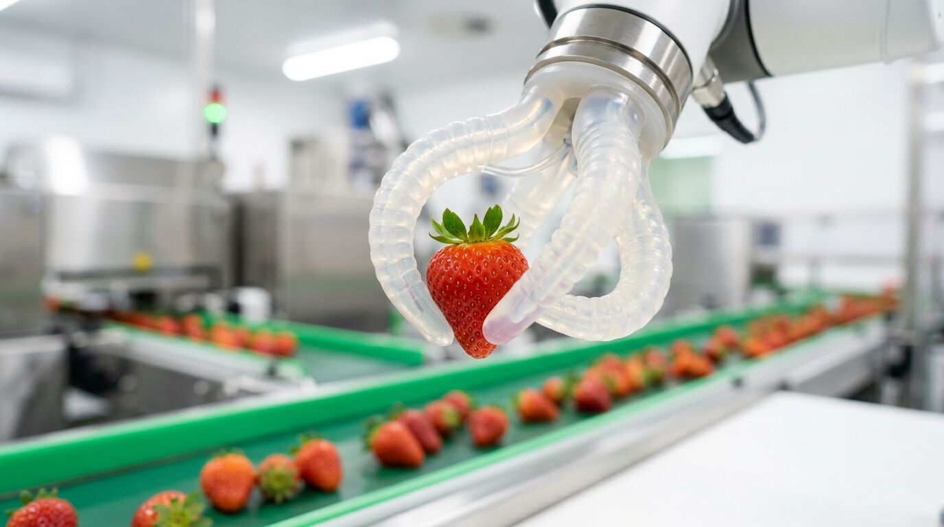 Ein Roboterarm mit weichem Greifer hält eine Erdbeere über einem Förderband