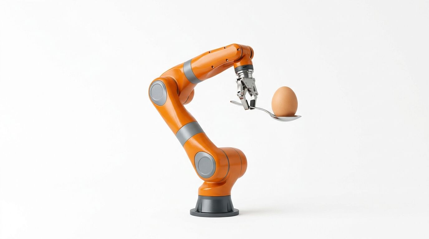 Ein oranger Roboterarm balanciert ein Ei auf einem Löffel vor weißem Hintergrund