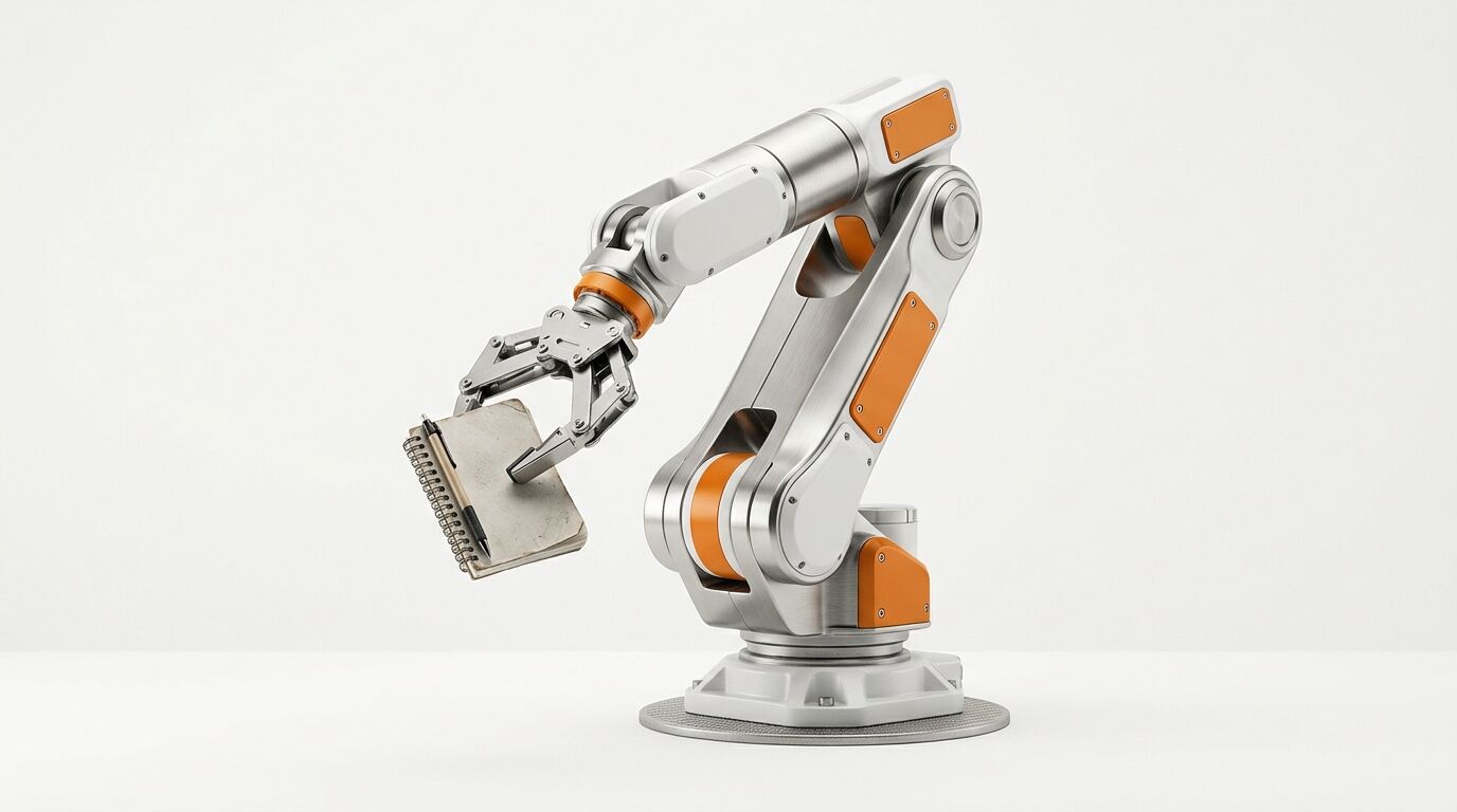 Ein weiß-grau-oranger Roboterarm hält mit seinem Greifer ein Ringbuch