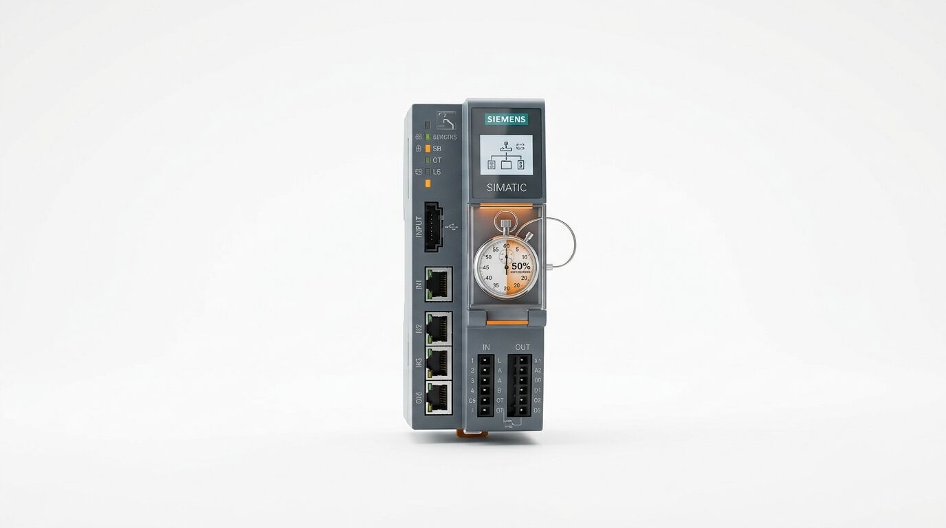 Siemens Simatic Steuerungsmodul mit integrierter Stoppuhr auf weißem Hintergrund