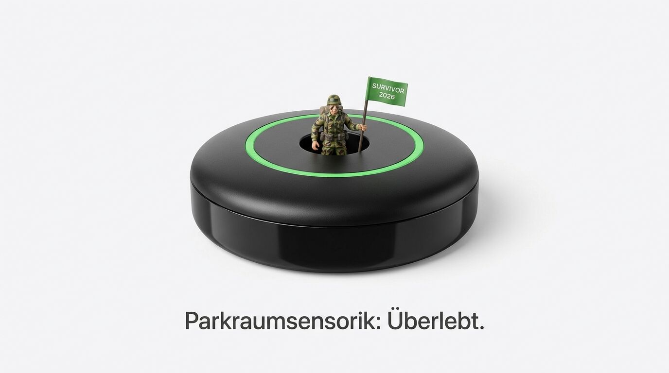 Miniatursoldat mit Flagge aus Parksensor ragend, darunter der Text: